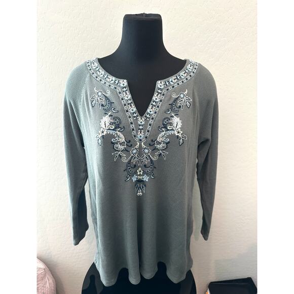 J.JILL Petite Gray Embroidered Thermal Tunic Top Long Sleeve Cotton Blend Large - Picture 2 of 8